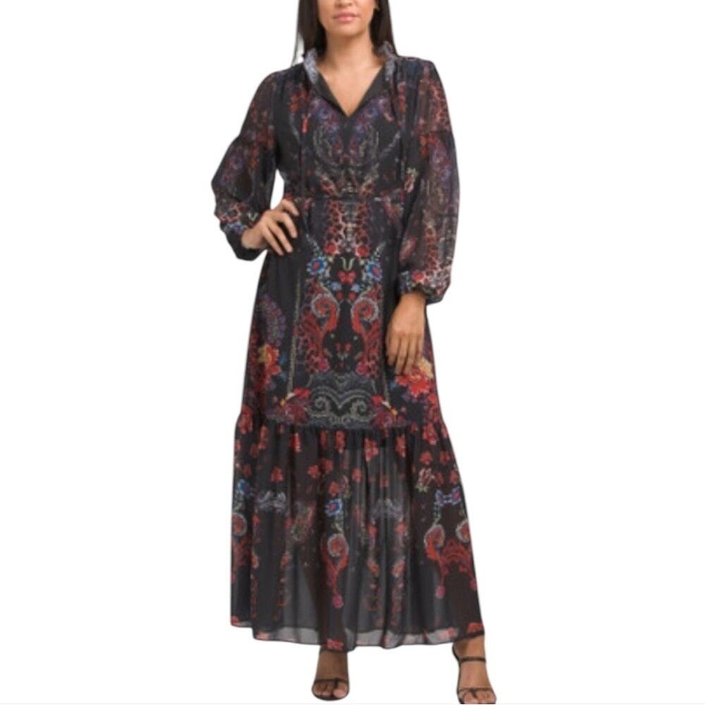 Dalia Macphee Black and Floral Peasant Boho Long Sleeve Maxi Dress Size Large Ne